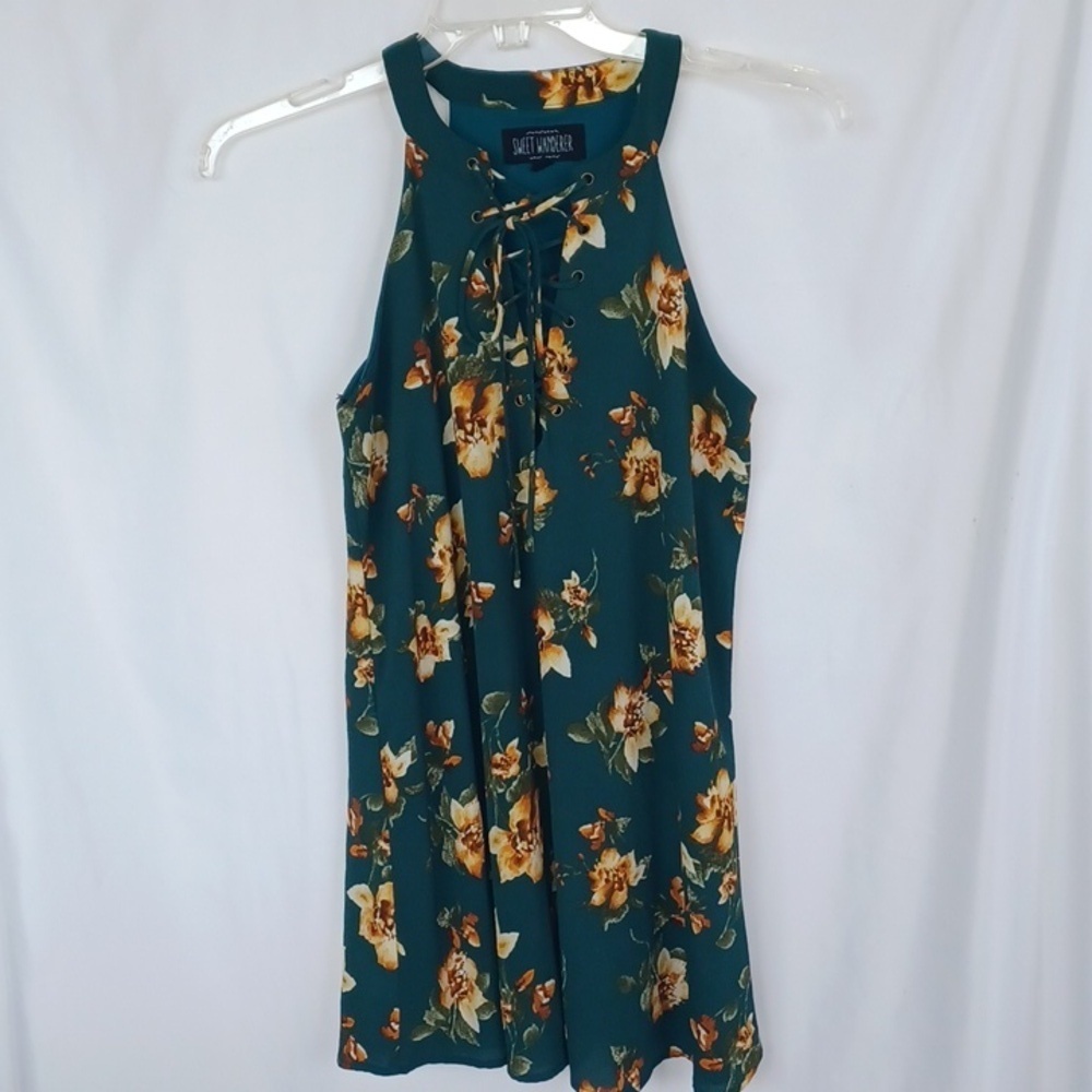 Sweet Wanderer Green Floral Lace-Up Mini Dress, Sz S, 18" PTP, 32" L